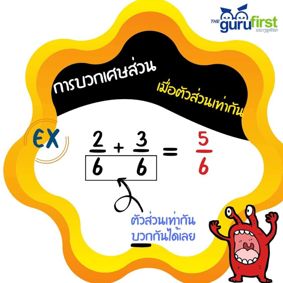 ตัวอย่าง การบวกเศษส่วนเมื่อตัวส่วนเท่ากัน